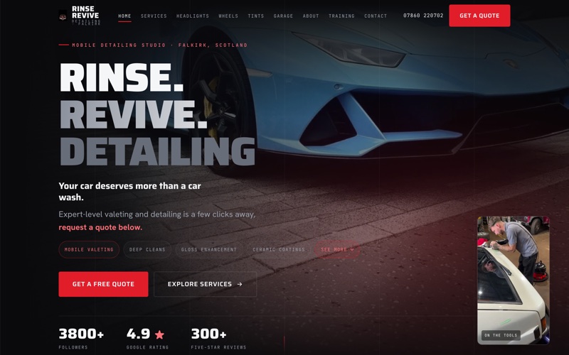 Rinse Revive Detailing website, hero with a Lamborghini